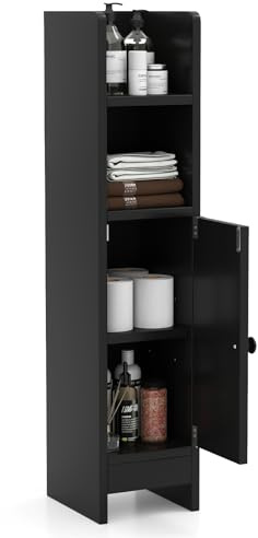 LIFEZEAL Badezimmer Aufbewahrungsschrank, Schmaler Badschrank Badezimmerschrank mit Tür & verstellbaren Regalen, Kompakter Beistellschrank für Bad, Waschküche, Wohnzimmer (Schwarz)