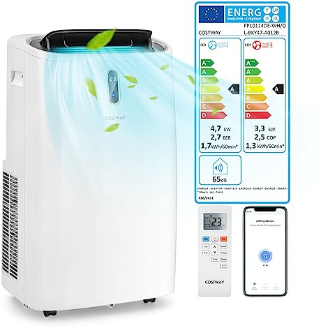 COSTWAY Klimaanlage mobil 16000BTU, Klimagerät mit Abluftschlauch, 5 in 1 Kühlen & Heizen & Entfeuchten & Belüften & Schlafmodus für Räume bis zu 150 m³, Fernbedienung/App, 24H Timer, 4700W, ≤57dB