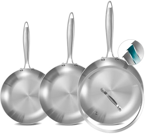 Inqibee Edelstahlpfanne Bratpfannenset Unbeschichtet 20 24 28 cm mit Deckel - Pfannenset Edelstahl, Stainless Steel Frying Pan Set, Für Induktion & alle Herdarten - Ofenfest, Spülmaschinenfest
