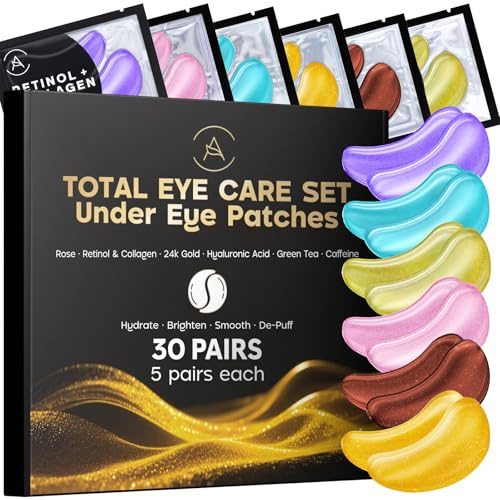 AURAE Gemischte Augenpads Gegen Augenringe & Tränensäcke – Hydrogel Eye Patches Mit Hyaluron, Niacinamid, Koffein, Retinol & Kollagen – Kühlende Augenpads Gegen Falten – Rose, Grüntee & Gold, 30 Paare