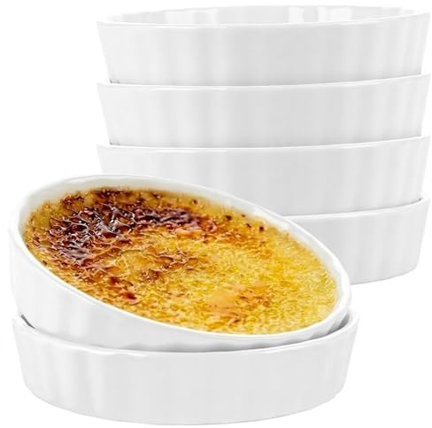 LOPYXBR 6 Stück Creme Brulee Schälchen, 12,8x2,6cm Auflaufform Klein, Weiß Tarteform Keramik, 240ml Quicheform Keramik für Souffle, Fondants Muffins, Creme Brulee