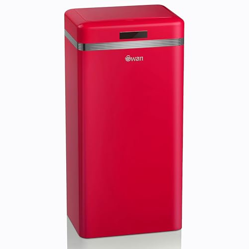 Swan Retro Küche Mülleimer Automatisch, Abfalleimer mit Bewegungssensor, 45 Liter, Metallisch, Intelligenter Küchenabfalleimer mit großer Kapazität, Vintage-Design, Rot