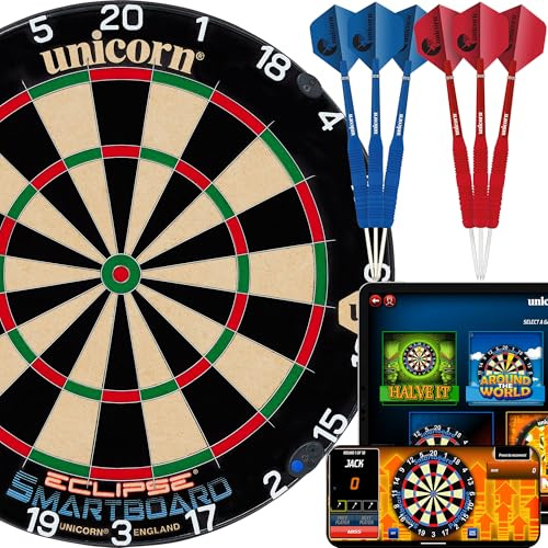 Unicorn Elektronische Dartscheibe | Smartboard | Traditionelles Sisal-Borstenbrett | Verbindet Sich mit Bluetooth Scorebuddy App | inklusive 6 Steel Tip Darts | Eclipse Professional