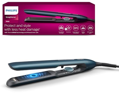 Philips Haarglätter 7000 Series, ThermoShield Technologie, Ionisierungsfunktion, Keramikplatten mit Arganöl, Blaugrün-Metallic, Modell BHS732/00