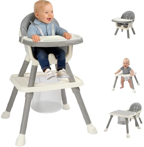 LEADZM 7 in 1 Babyhochstuhl, Umwandelbarer Tisch und Stuhlset, Abnehmbares Doppeltablett, Hochstuhl Baby mit Aufbewahrungskorb, Grau
