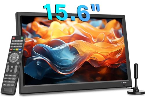 KCR Tragbarer Digitalfernseher, 12 V DVB-T2 TV, HDMI/AV/USB-Eingänge, Fernbedienung, 12 V Kfz-Ladegerät, kompatibel, 39,6 cm (15,6 Zoll), Schwarz