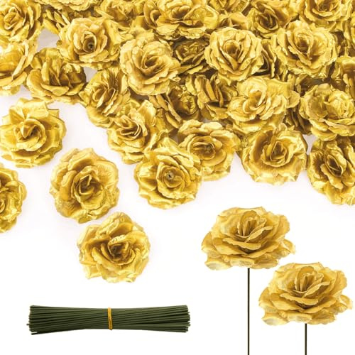 Youeon 100 Pcs Künstliche Rose Blumenköpfe für Crafts, 9 cm Faux Gold Flower Heads, Silk Rose Blumen Kopf in Bulk, Gold Roses Künstliche Blumen für Centerpieces, Blumenwand, Hochzeit