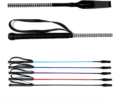 JA Horse Springgerte Springstock Reitgerte Pferd Peitsche mit Lederoberteil Gummigriff und Handgelenkschlaufe (schwarz/Weiss, 70 cm)