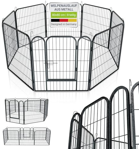 Juskys Welpenauslauf Plus 160x160x80 cm - Welpenlaufstall 8-teilig aus Metall - Freigehege mit Tür - Welpengitter für Hunde, Hasen & Kleintiere