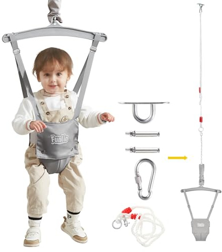 FUNLIO Baby Türhopser mit Deckenhaken für 6–24 Monate, Baby Hüpfschaukel für Drinnen und Draußen, Kleinkind Türhopser mit Verstellbarer Kette, einfach zu Montieren und Aufzubewahren - Grau