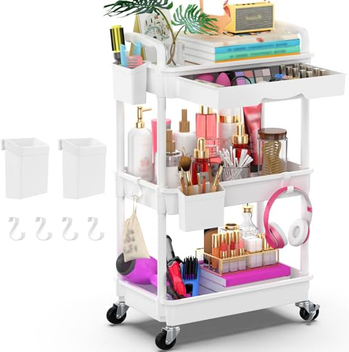 Yeabett 3-stöckiger Aufbewahrungswagen mit Schublade, Allzweckwagen mit Kunststoffablage & feststellbaren Rädern, multifunktionaler Aufbewahrungswagen für Küche, Bad, Büro, Wohnzimmer, Weiß