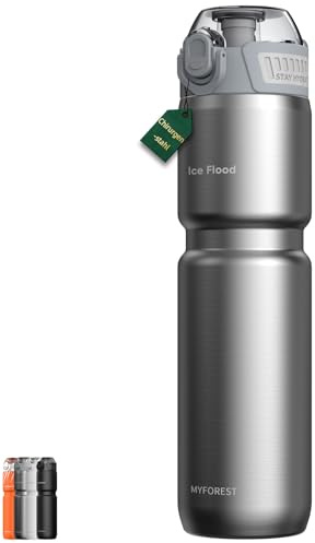 MYFOREST 700ml Isolierte Fahrrad-Trinkflasche, geruchsneutrale Innenschale aus chirurgischem Edelstahl, verbesserter Griff für unebenes Gelände, Schnellöffnungs, Schmutzkappe (Glänzender Stahl)
