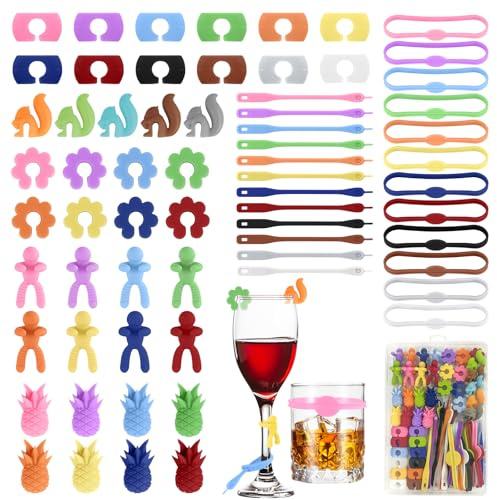 Hoiloie Glasmarkierer,65 Stück Glas Markierung,Trinkgläser Glasmarker,Glasmarkierer Silikon,Gläser Markieren für Weinglas, Champagnerglas,Cocktailglas,Martini-Glas,Bar Party Dekoration