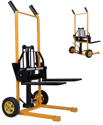 Material Stapler, Palettenwagen, Hubtisch, Manueller Gabelstapler, Gabelheber mit festen Beinen und verstellbaren Gabeln, 200 kg Kapazität, 90 cm maximale Hubkraft (Fußpedal)