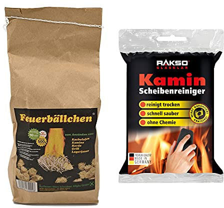 RaiffeisenWaren Feuerbällchen 0,5 kg (Grillanzünder Kaminanzünder Anzündhilfe, Ökologische Anzündwolle aus Naturprodukten) + 1 RAKSO Glas-Reiniger für Kamin-Scheiben (Reiniger ohne Chemie)