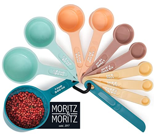 Moritz & Moritz 11-TLG. Messlöffel Set 1/4 TSP bis 1 Cup - stapelbar - Messbecher Measuring Cups und Measuring Spoons 1,25-240ml inkl. Streichlineal - Zum Kochen & Backen mit Kindern (Bunt)