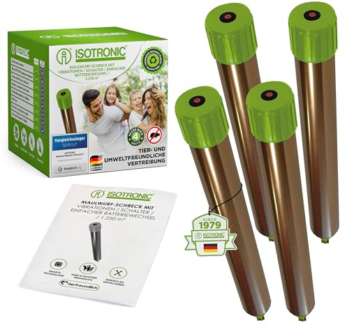 ISOTRONIC Maulwurfabwehr zum Vertreiben von Maulwürfen, Wühlmäusen & Schlangen – batteriebetriebener Maulwurfschreck mit Erdspieß für den Garten – Maulwurfvertreiber 1.250m² Wirkungsbereich (4 Stück)