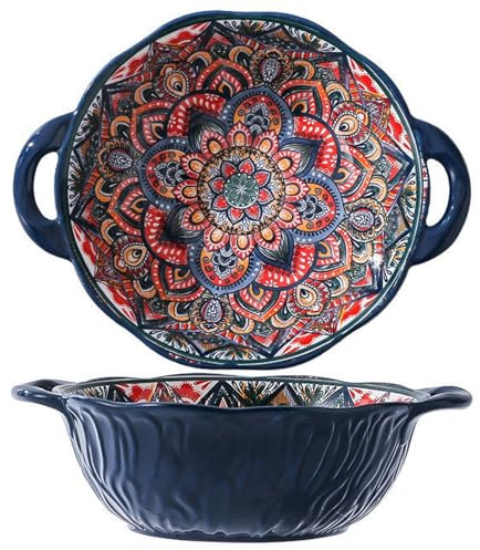 TuYines Salatschüssel Keramik,Groß Suppenschale,Bunt Groß Müslischalen mit Griffen,Ø 20cm Suppenschüsseln mit Henkel,Dessertschalen,Obstschale