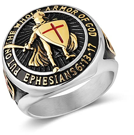 HZMAN Tempelritter Ring für Herren Epheser 6:13-17 Rotes Kreuz Design Herren Edelstahl Ring Schmuck Geschenk