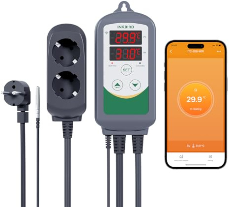 Inkbird Heizen Kühlen Thermostat, ITC-308-WIFI Steckdose Temperaturregler Fernsteuerung per App, Grau, Wi-Fi