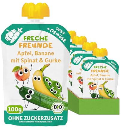 FRECHE FREUNDE Bio Quetschie Apfel, Banane, Spinat & Gurke, Fruchtmus mit Gemüse im Quetschbeutel für Babys ab dem 6. Monat, vegan, 6er Pack (6 x 100g)