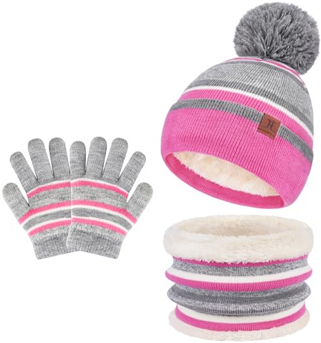 Bequemer Laden Kinder Baby Wintermütze Gestreifte Pompon Beanie Mütze und Schal Handschuhe Strickset für Jungen Mädchen mit Thermal Fleece Futter,Rosa,Einheitsgröße
