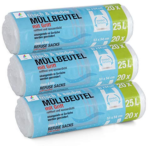 60 Stück Müllbeutel Premiumline: 25 Liter, 3 Rollen, Größe: 53 x 54 cm - Besonders reißfest und wasserdicht - Mit Trage-Griff/Henkel