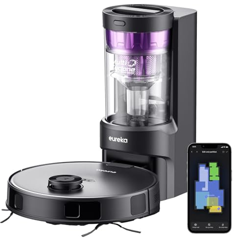 EUREKA E10s DE Saug- & Wischroboter + beutelloser Multi-Zyklon-Absaugstation (4000Pa, auto Teppicherkennung & auto Mop Lifting, LiDAR-Navigation, ideal gegen Tierhaare, App- & Sprachsteuerung) schwarz