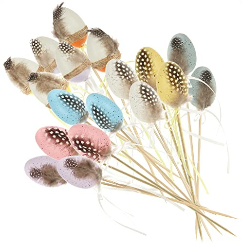 com-four® 18x Blumenstecker für Ostern - Bunte Ostereier mit Feder für Ostern zum Stecken - Osterdekoration