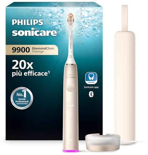 Philips Sonicare DiamondClean Prestige 9900 elektrische Zahnbürste – Schallzahnbürste mit 1x A3 Premium-All-in-One-Bürstenkopf und Ladeetui in Champagner (Modell HX9992/11)