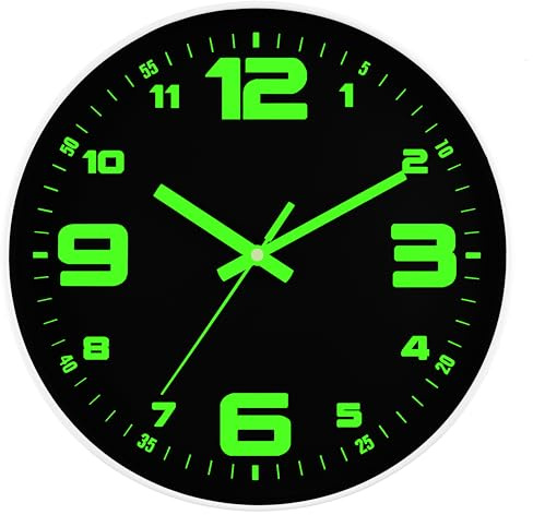 DIYZON Leuchtend Wanduhr Wanduhr - 30 cm, lautloses Quartzwerk, Robustes Glas, batteriebetrieben - gut ablesbar für Küche, Wohnzimmer & Schlafzimmer LUMI Nachtleuchtende Wanduhr