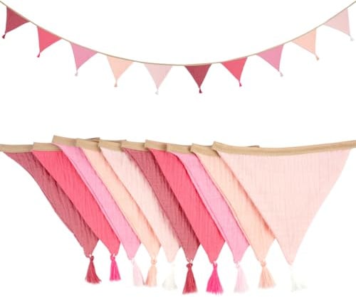 Alaoo Wimpelkette, 2.6m Wimpelkette Outdoor Wetterfest, Rosa | Wimpel Stoff, Einschulung Deko,Girlande Dekoration Regenbogen Deko für Hochzeit Geburtstag Party Zuhause Festival Dekoration