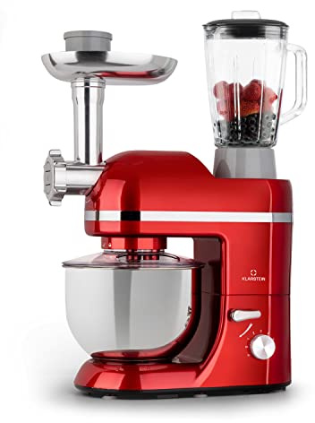 Klarstein Knetmaschine Küchenmaschine mit Fleischwolf, 1800W Teigmaschine Klein, 6 Stufen, Schneebesen Rühr- & Knethaken, Planetenrührwerk, Rührmaschine mit Mixer, Küchenmaschinen 5L Schüssel