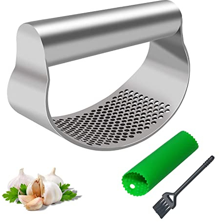 Knoblauchpresse Wippe Edelstahl Knoblauchwippe,Knoblauch Wiege,Knoblauchschneider,Stainless Steel Garlic Press Rocker Mincer Crusher Kochgerät Knoblauchmühle Küchenhilfe,Mit Silikon Knoblauchschäler
