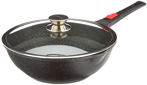 Kamberg 0008057 – Wok 30 cm – Abnehmbarer Griff – Aluminiumguss – Beschichtung in Steinoptik – Mit Glasdeckel – Für alle Herdarten, auch Induktion – PFOA‑frei, Aluminium, Schwarz
