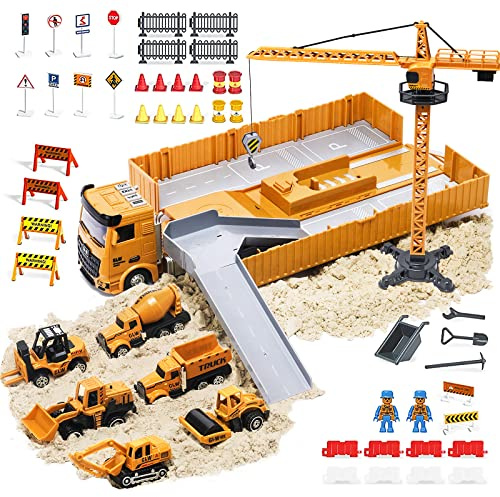 OR OR TU Baustellenfahrzeuge Kinder Kran LKW Sandkasten Spielzeug Musik & Lichter 360° Drehung Kinder Kran Bagger Betonmischer Parkhaus Spielzeug für 3 4 5 6 7 8+ Jahre Junge Geschenk