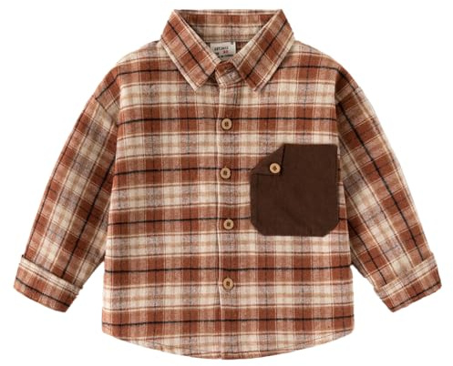 LUVCES Kleinkind Baby Junge Hemden Lässig Plaid Knopf Unten Hemd Langarmhemd Für Kinder Jungen Frühling T Shirt Jacke Top Braun kariert 5-6 Jahre