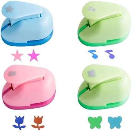 XHYASD Stanzer Kinder Set 4 Stück, Motivstanzer für Kinder, Ausstanzer Papier Basteln, Motivlocher Scrapbooking DIY, Papierstanzer Set für Fotoalbum Karten Handwerk 10mm