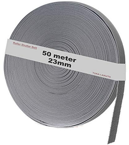 TUKA-i-AKUT 50 m Rolladengurt, 23mm x 50m Rolle Stabiler Gurtband für Rollladen, speziell verstärkte Webkanten, hohe Reißfestigkeit Scheuerfestigkeit, UV Beständigkeit, Grau, TKB5200 Grey