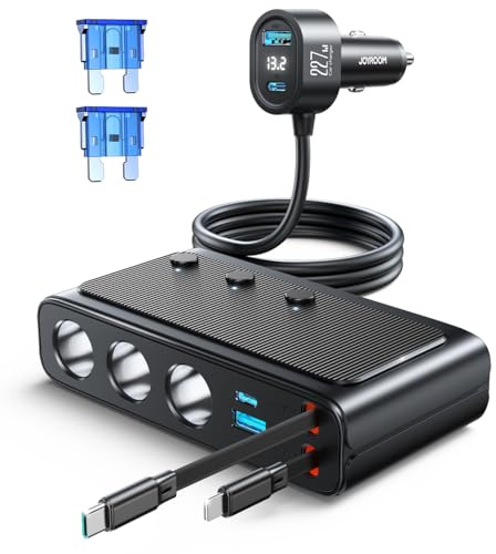 JOYROOM 227W Zigarettenanzünder Verteiler 9 in 1, Auto KFZ Ladegerät Adapter mit 80cm einziehbare 45W Typ-C & Lightning Schnellladekabel, 3 Fach 12V/24V Stecker mit Separatem Schalter für iPhone 17
