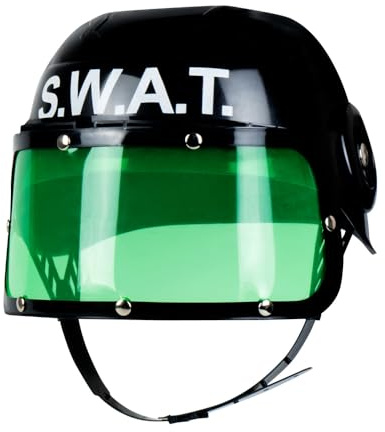 Boland - Kinderhelm Police, Visirhelm Polizist, Kinnriemen, grünes Visir hochklappbar, Kostüm, Karneval, Mottoparty, Schwarz