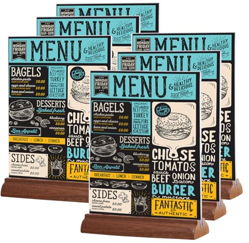 komstuon 6 Stück A5 Tischaufsteller,A4 Acryl Holzsockel Tischaufsteller, Doppelseitiger Transparenter Menüständer für Restaurant,Hotel,Café Shop