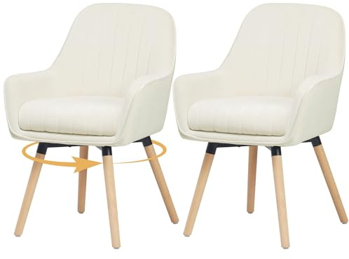 ELUCHANG Esszimmerstühle 2er Set, 360° Drehbar, 12cm Dicke Polsterung Stuhl mit Hohen Armlehnen, Cremeweiß Samt, bis 150 kg Belastbar, für Schlafzimmer Küche Wohnzimmer