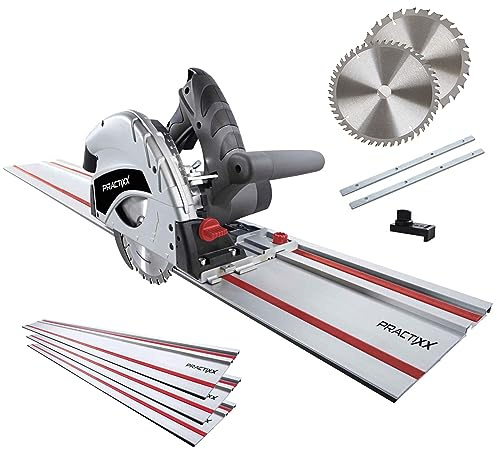 Practixx Tauchsäge PX-TS-55 mit 3x 500mm Führungsschiene | inkl. 2.Sägeblatt (24Z + 48Z) | 1200W | Schnitttiefe 55mm | Ø160mm | Schrägstellung 0 bis 45° Schnitte + Kippschutz | Handkreissäge