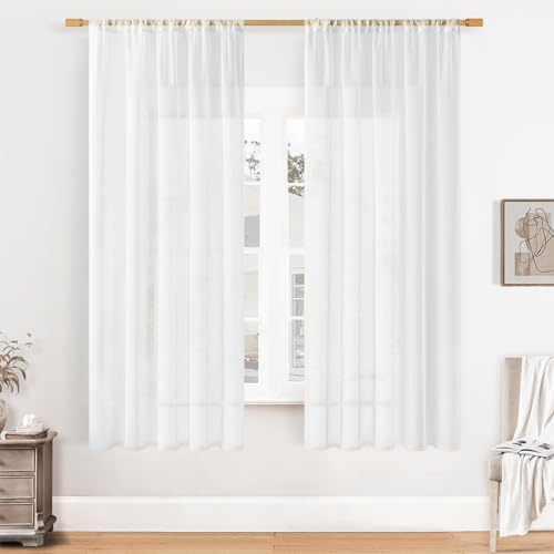Softalker Vorhänge mit Stangendurchzug Gardinen Weiss Transparent in Leinen-Optik Voile Vorhang Kurz Durchsichtig Gardine schal 160 cm Hoch für Schlafzimmer Fensterschal 140 cm Breit, 2er Set