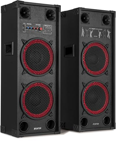 Fenton SPK-210 PA Anlage Aktiv Komplettset 1200 Watt – Party Lautsprecher Paar mit Bluetooth & USB – DJ Anlage Boxen Musik – 2X 10 Doppel-Woofer Standlautsprecher – Musikbox Groß für Karaoke & Events