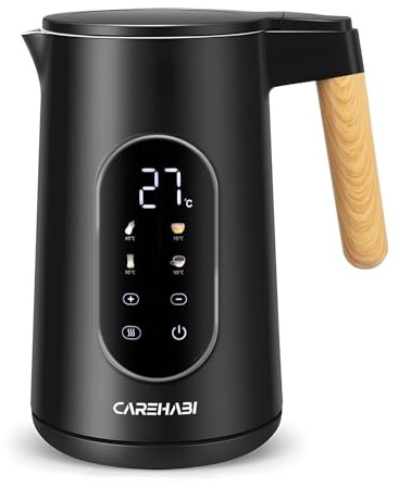 Carehabi Wasserkocher mit Temperatureinstellung 1.7 Liter Wasserkocher Edelstahl Schwarz 40°C-100°C 2200W LED Display Doppelwand Design Warmhaltefunktion