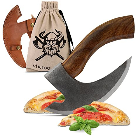 VIKING CRAFT Pizza Axt Pizzamesser mit Holzgriff für Pizza & Wikinger Deko | Pizza schneiden & servieren mit breiter Stahlklinge, Holzgriff, Lederschutz & Beutel, markante Wikinger Deko für Pizza-Fans