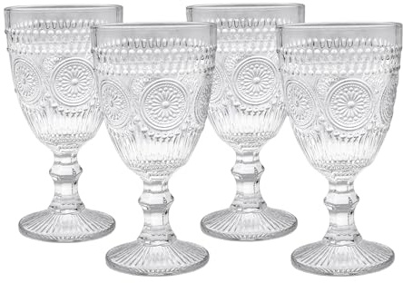 Spetebo Retro Weinglas 300 ml transparent - 4er Set - Vintage Trinkglas mit Relief Muster - Weinkelch Wasserglas Kristallweinglas Glas mit Fuß