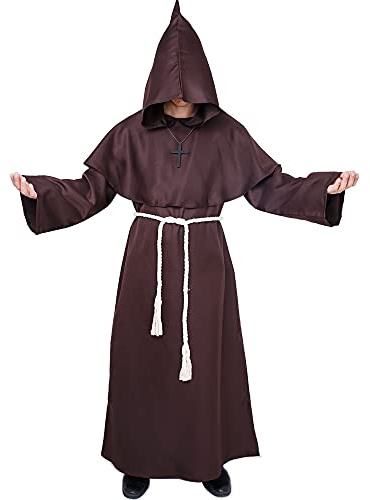 Myir JUN Halloween Kostüm Herren, Faschingskostüm Männer Karneval Kostüm Herren Mittelalterliche Robe mit Kapuze Karnevalskostüm Mittelalter Kleidung Herren (Braun, XL)